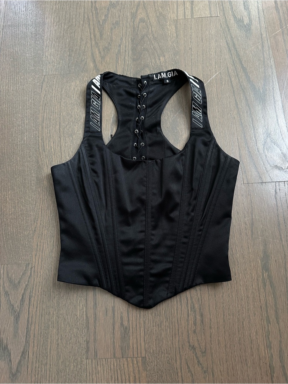 I.AM.GIA Black Lace-Up Corset Tank Top with Branded Straps